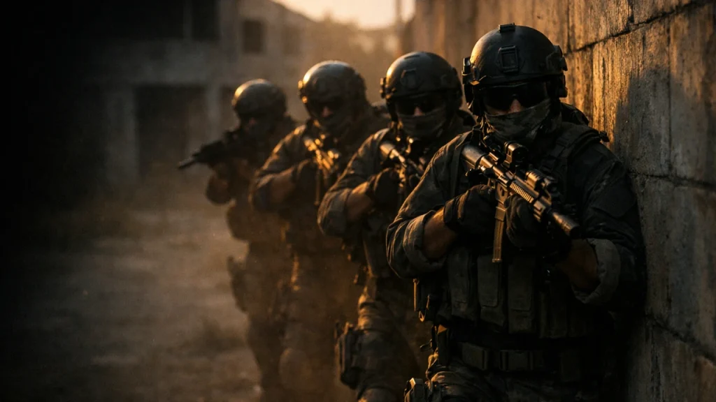 壁沿いに隊列を組んで警戒しながら進むサバゲーチーム