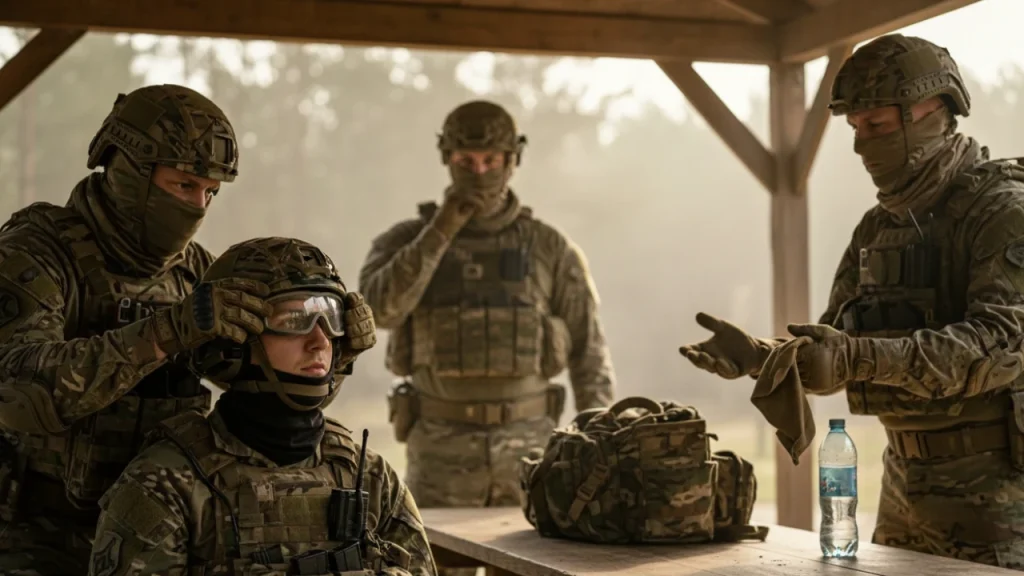 セーフティエリアでゴーグルの装着を確認し，安全に始める準備をするサバゲー初心者