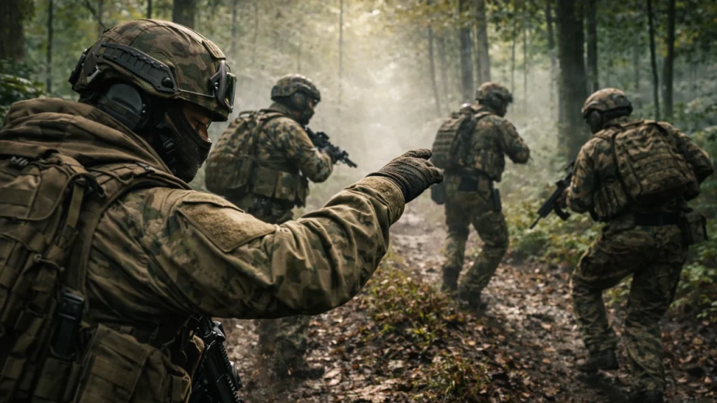 森林で先頭が前進の合図を出し，味方が声を掛け合いながら進むチーム