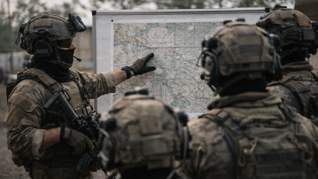 作戦前ミーティングで地図を指さし，ルートや役割を共有するチーム